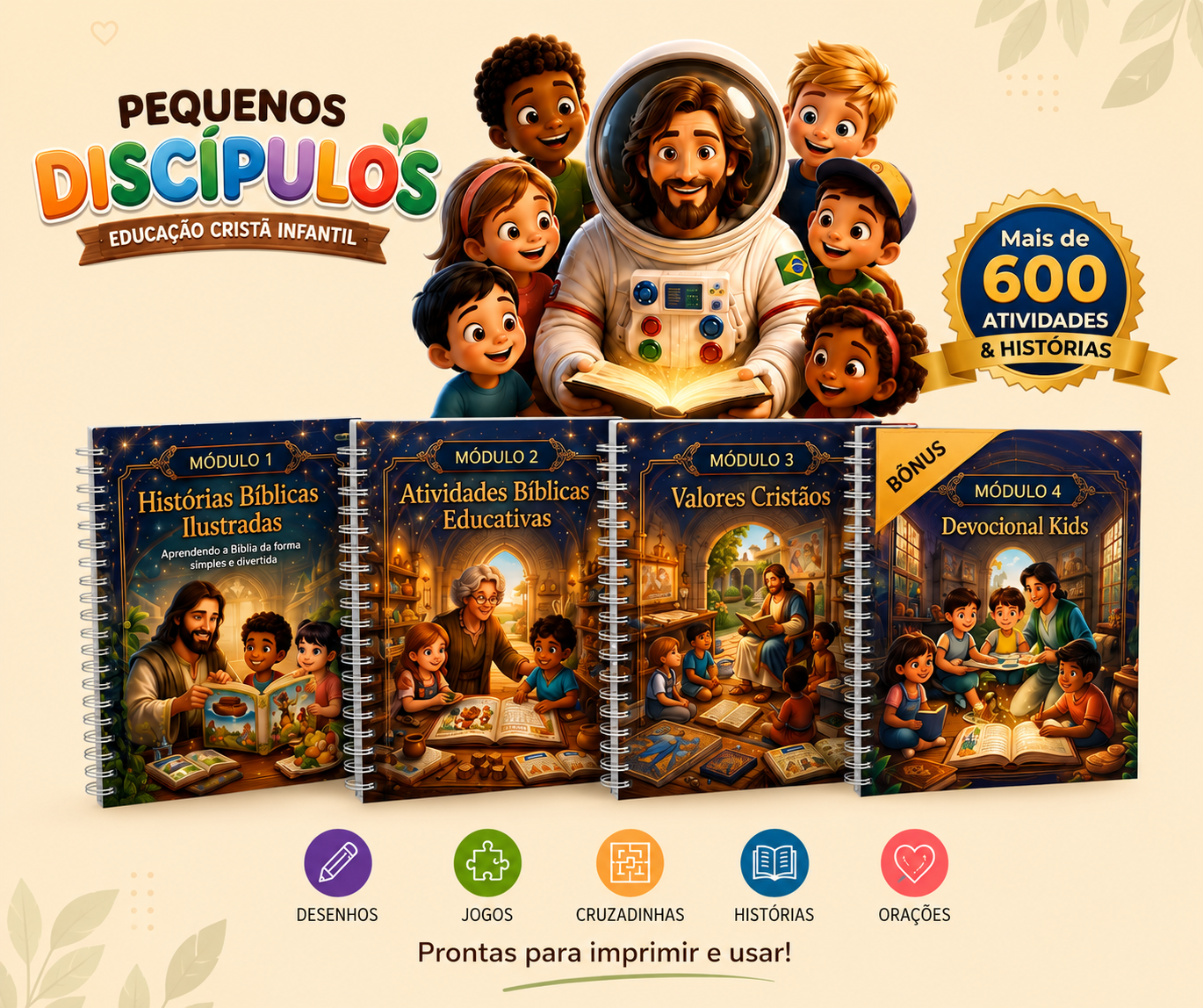 Kit Pequenos Discípulos com os 4 módulos de atividades cristãs para crianças